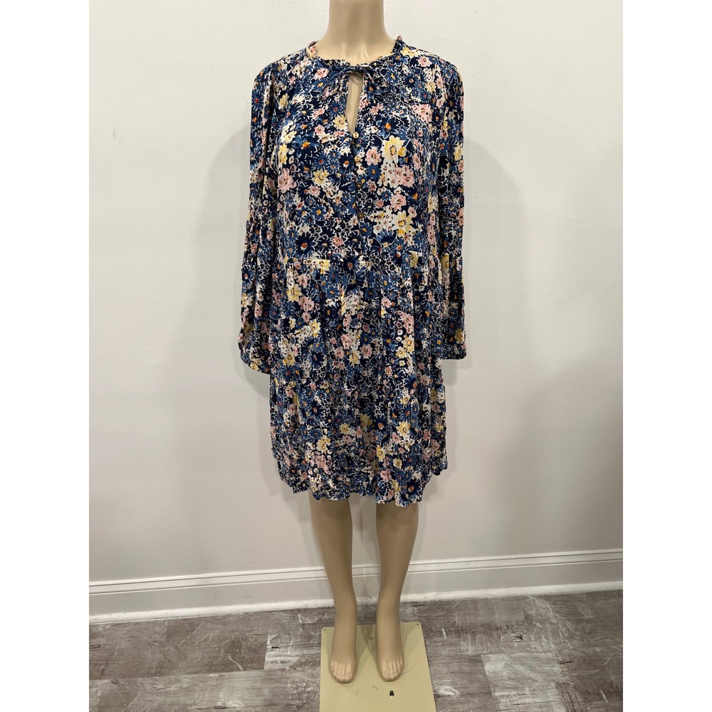 LOFT Floral Tiered Swing Dress Womens Large L Navy Blue Long Sleeve Tie Neck NWT